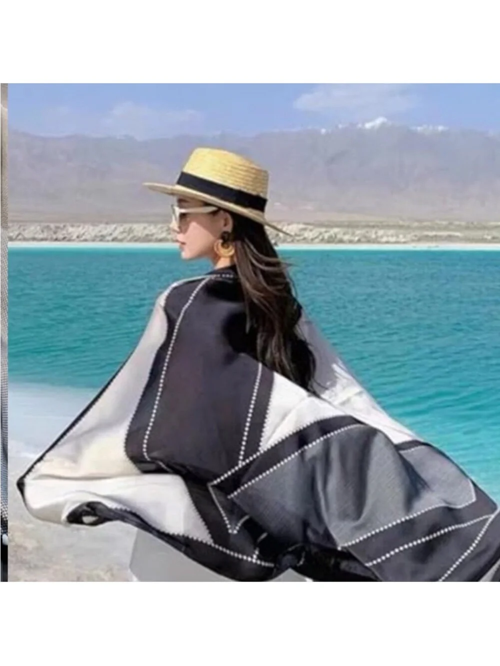 Elegant Silky Black & White Scarf Shawl Lightweight Floral Satin Scarf Trendy